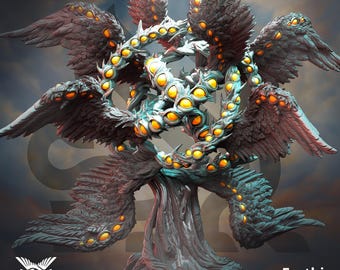 May include: A 3D printed miniature of a creature called "Erathis, The Thousand Eyes". The creature is a tree-like figure with multiple wings and hundreds of glowing yellow eyes.