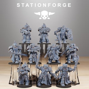 May include: A collection of ten gray miniature figurines of armored figures, each posed with weapons and shields. The figures are on black bases, with the Stationforge logo and a skull emblem in the background.