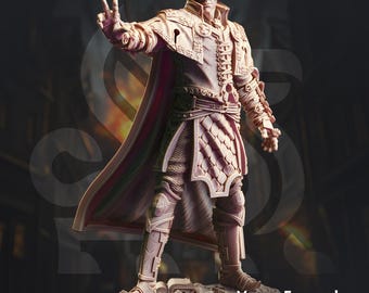 May include: A detailed figurine of Varys Farseeker, a Psionic Dark Inquisitor, in a dynamic pose. The figure is clad in ornate armor and a flowing cape, with a blindfold. The figure is standing on a rocky base. The text "DM STASH PRINT.PAINT.PLAY" is in the upper left corner.