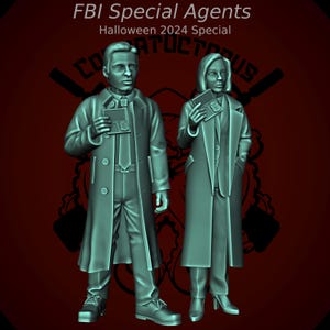 May include: 3D-printed figurines of two FBI Special Agents, dressed in long coats and holding badges. The figures are in a teal color, with the text "FBI Special Agents" and "Halloween 2024 Special" at the top. The background is a dark red.