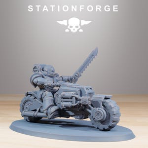 May include: A gray miniature of a futuristic soldier riding a motorcycle, holding a large saw-like weapon. The motorcycle has large, detailed wheels and a complex engine design. The text "STATIONFORGE" is at the top.