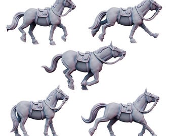 May include: Five grey unpainted miniature horse figures in various running and walking poses, each equipped with a saddle and bridle. The text KyoShuneko Miniatures, Sept 2024 Release, 28mm scale, Chinese NRA Cavalry, and Horse Mount is visible.