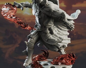 May include: A grey miniature figurine of a hooded warrior in armor, featuring a flowing cape and intricate gear. The figure is posed dynamically with translucent red flame effects swirling around the right hand and the circular base.