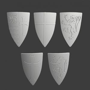 May include: Five light gray heraldic shields with various embossed designs. The shields are in a teardrop shape, with a cross, lion, and other heraldic symbols. The shields are arranged against a dark gray background.