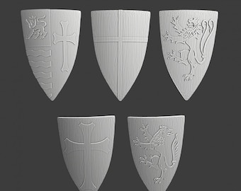May include: Five light gray heraldic shields with various embossed designs. The shields are in a teardrop shape, with a cross, lion, and other heraldic symbols. The shields are arranged against a dark gray background.