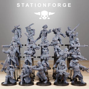 May include: A collection of gray miniature figurines of soldiers in various action poses, holding weapons. The figurines are on individual stands. The text "STATIONFORGE" and a skull logo are at the top.