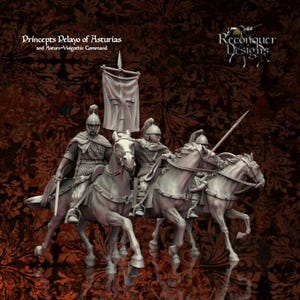 May include: A detailed sculpture of three armored figures on horseback, with a banner and spear. The figures are clad in chainmail and helmets, with the text "Princeps Pelayo of Asturias" and "Reconquer Designs" visible.