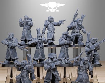 May include: A group of gray miniature figurines of soldiers, each with detailed winter coats, hats, and weapons. The figurines are on clear stands. The text "STATIONFORGE" and a skull logo are at the top.