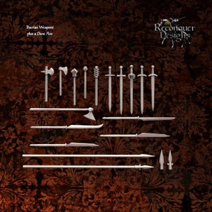 May include: A collection of silver-colored Iberian weapons and a Dane Axe. The assortment includes various swords, axes, maces, and spears. The text "Iberian Weapons plus a Dane Axe" is visible in the upper left corner. The logo "Reconquer Designs" is in the upper right corner.