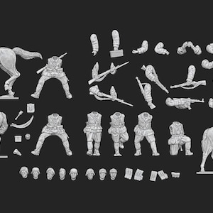 May include: A set of unpainted gray plastic model kit components including three horses with saddles, several soldier torsos in uniform, various arm pieces holding rifles, separate heads with helmets, and small equipment accessories for assembly.