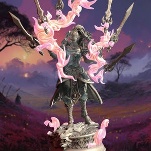 May include: A miniature figurine of a female warrior with flowing hair and a silver mask, holding four swords. The figure is surrounded by pink flames and stands on a stone base.