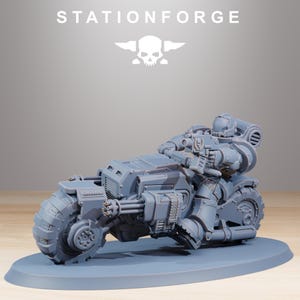 May include: A gray miniature model of a futuristic motorcycle with a rider holding a weapon. The model is on a gray base. The word "STATIONFORGE" is at the top of the image.