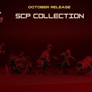 May include: A red image featuring the text "OCTOBER RELEASE" and "SCP COLLECTION". The image showcases several monster figurines, including a humanoid figure, a spider-like creature, and a dinosaur-like monster. The Turnbase logo is in the upper left corner.