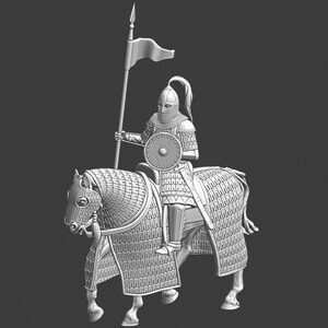 May include: A detailed 3D rendering of a medieval knight on horseback. The knight is clad in chainmail armor, holding a spear with a small flag. The horse is also armored, with intricate detailing. The image is monochromatic, with a focus on texture and form.