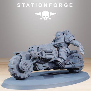 May include: A gray, futuristic motorcycle with a rider in armor. The vehicle has large, rugged tires and detailed mechanical components. The text "STATIONFORGE" and a skull logo are visible at the top.