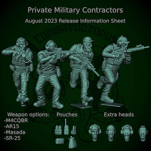 May include: A promotional image for Private Military Contractors, featuring four figures in tactical gear, holding rifles. The image includes text indicating weapon options, pouches, and extra heads. The text also includes the release information: August 2023.