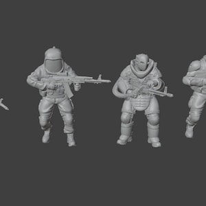 May include: Four gray miniature figurines of soldiers in tactical gear, each holding a rifle. The figures are in various poses, suggesting action. The soldiers wear helmets and protective clothing.