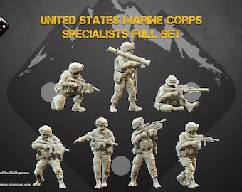 May include: A collection of miniature figurines depicting United States Marine Corps specialists. The figures are in various action poses, holding weapons and equipment. The text "UNITED STATES MARINE CORPS SPECIALISTS FULL SET" is displayed above the figures. The figures are approximately 28-32mm in size.