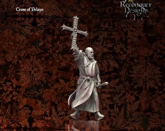 May include: A detailed miniature figure of a man holding a cross aloft. The figure is dressed in medieval attire, including chainmail and a robe. The text "Cross of Pelayo" is visible. The figure is a Reconquer Designs product.