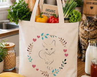 Cat Lover Canvas Tote Bag, Minimalist Kitty Floral Grocery Bag