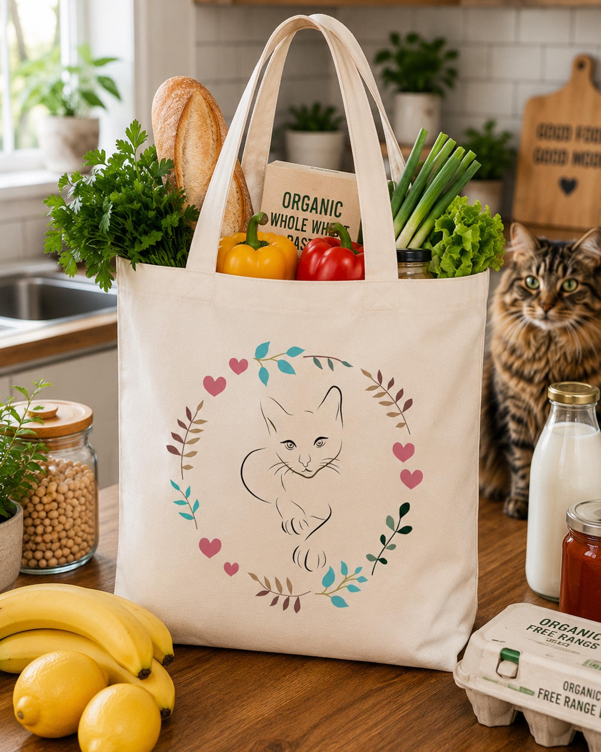 Cat Lover Canvas Tote Bag, Minimalist Kitty Floral Grocery Bag