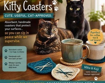Handmade Cat Coasters with Cork Backing, 100% Cotton Crochet Cat Coasters, Cat Lover Gift, Set of 2