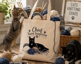 Chief Yarn Inspector Tote Bag, Black Cat Knitting Project, Cat Mom Gift