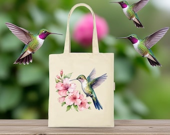 Hummingbird Garden Tote Bag: Floral Polyester Canvas, Handmade