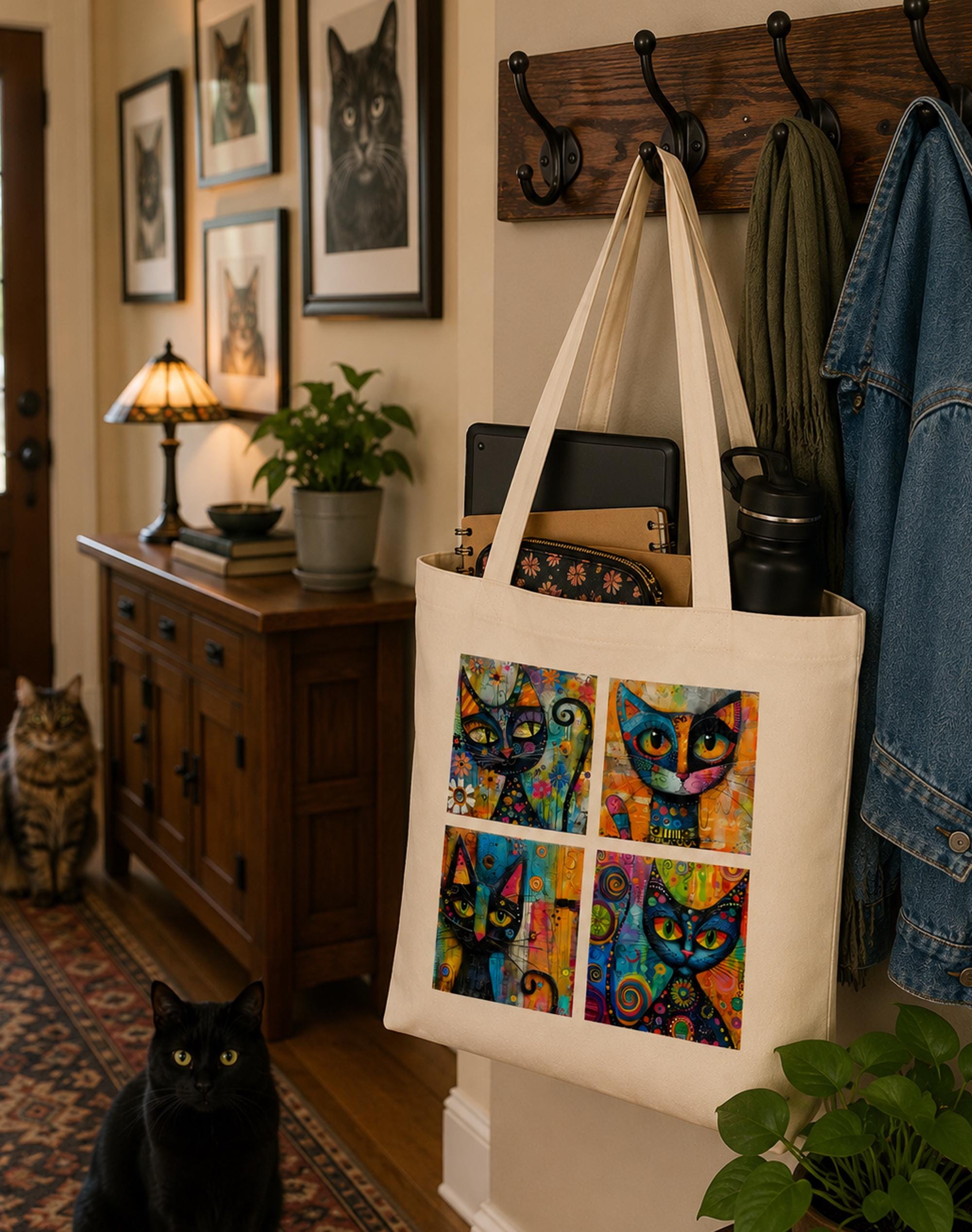Artsy Colorful Cat Canvas Tote Bag, Knitting Crochet Project Bag, Maximalist Kitty Art
