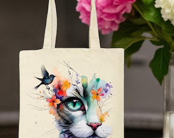 Abstract Cat Face Tote: Colorful Bird Design, Cat Lover Gift