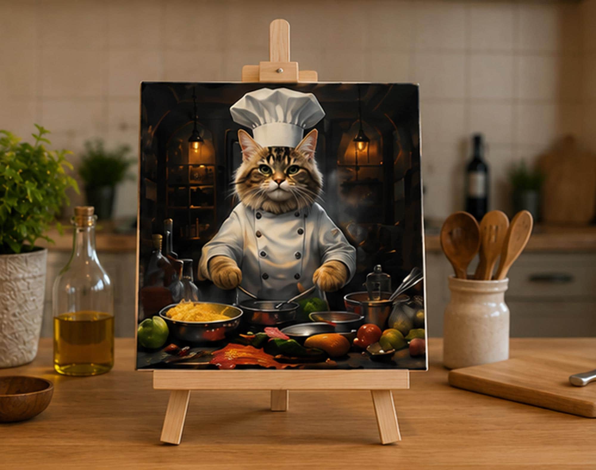 6x6 Ceramic Tile, Whimsical Chef Cat Kitchen Art, Home Decor