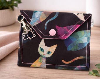 Handmade Cat Treat Pouch, Snap Closure Purse, Limited Edition, Black and Pink Cats