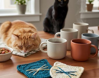 Crochet Cat Coasters: Handmade Kitty Kitchen Decor, Set of 2