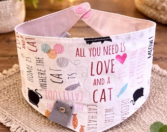 Handmade Cat Bandana Collar, Snap-On Pet Accessory, Limited Edition, Love and A Cat Print