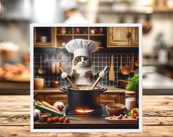 Kitchen Cat Ceramic Tile Set of 4, 6 x 6, Whimsical Cat Decor