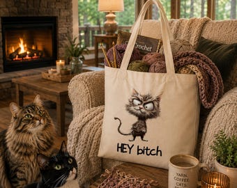 Snarky Cat Tote Bag, Grumpy Feline Canvas, Crochet Project Tote