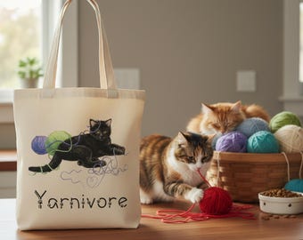 Yarnivore Cat Tote Bag: Snarky Kitty Design, Knitting Lover Gift
