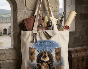 Mother of Cats Canvas Tote Bag, Game of Thrones Inspired Cat Mom Purse, Fantasy Lover Shopping Bag, Medieval Iron Throne Cat Tote