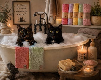 Hand Knit Cat Approved Spa Cloths, Reusable 100% Cotton Dishcloth Set of 2, Eco-Friendly Kitchen & Bath Gift