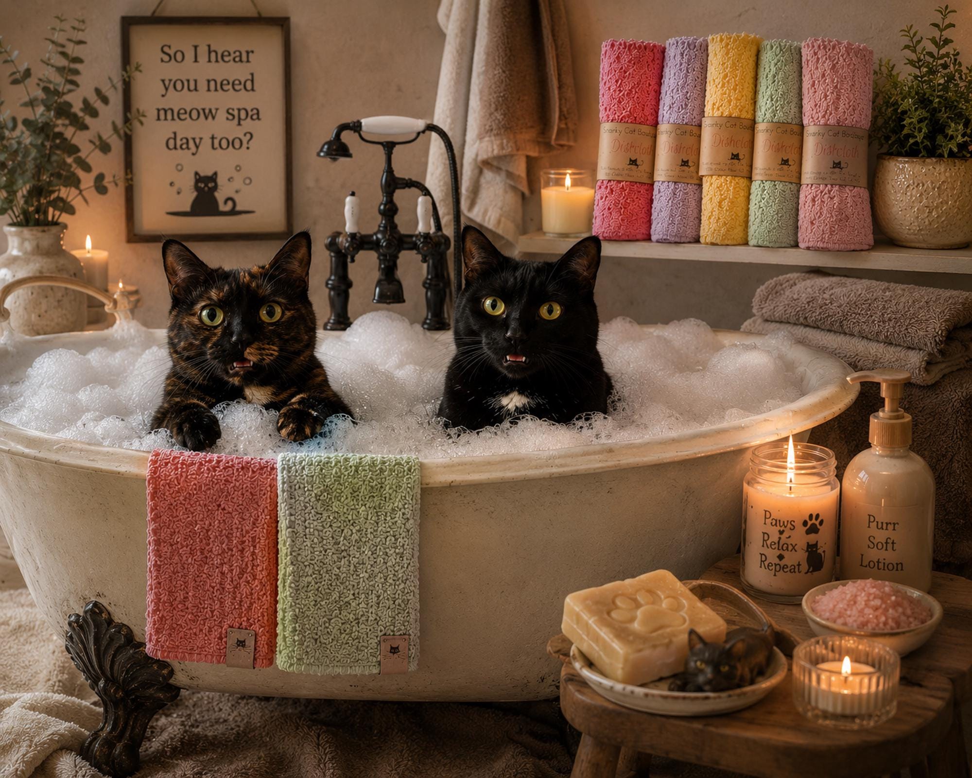 Hand Knit Cotton Spa Cloths, Reusable Washcloths with Kitty Tag (Set of 2)