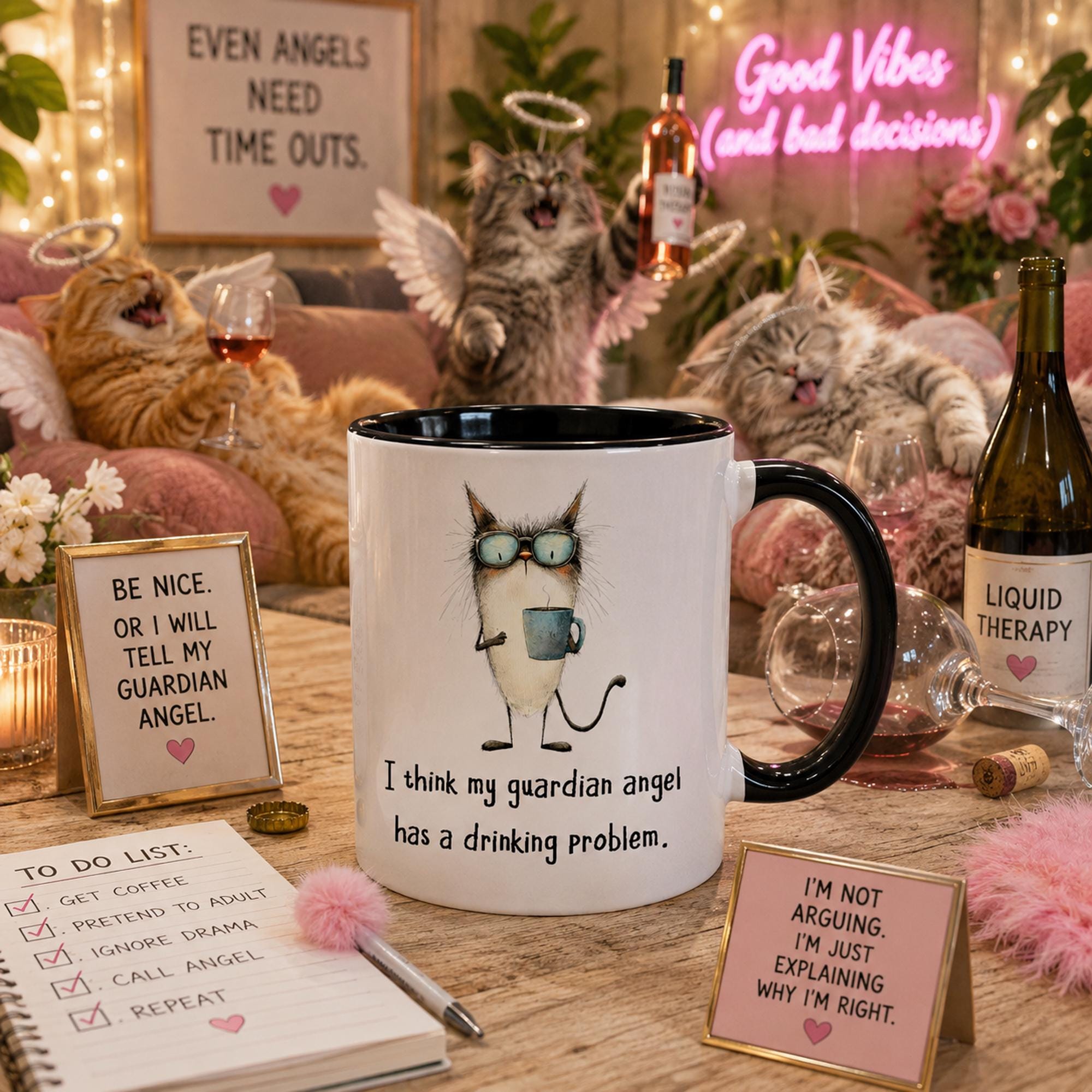 Cat Mug, Guardian Angel Drinking Problem, Humorous Ceramic Coffee Cup