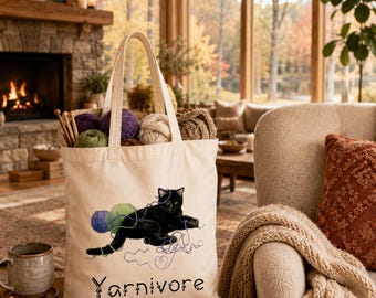 Yarnivore Cat Tote Bag, Knitting Crochet Project, Cat Lover Canvas Tote