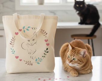 Cat Silhouette Tote Bag: Hearts & Floral Wreath, Beige Canvas