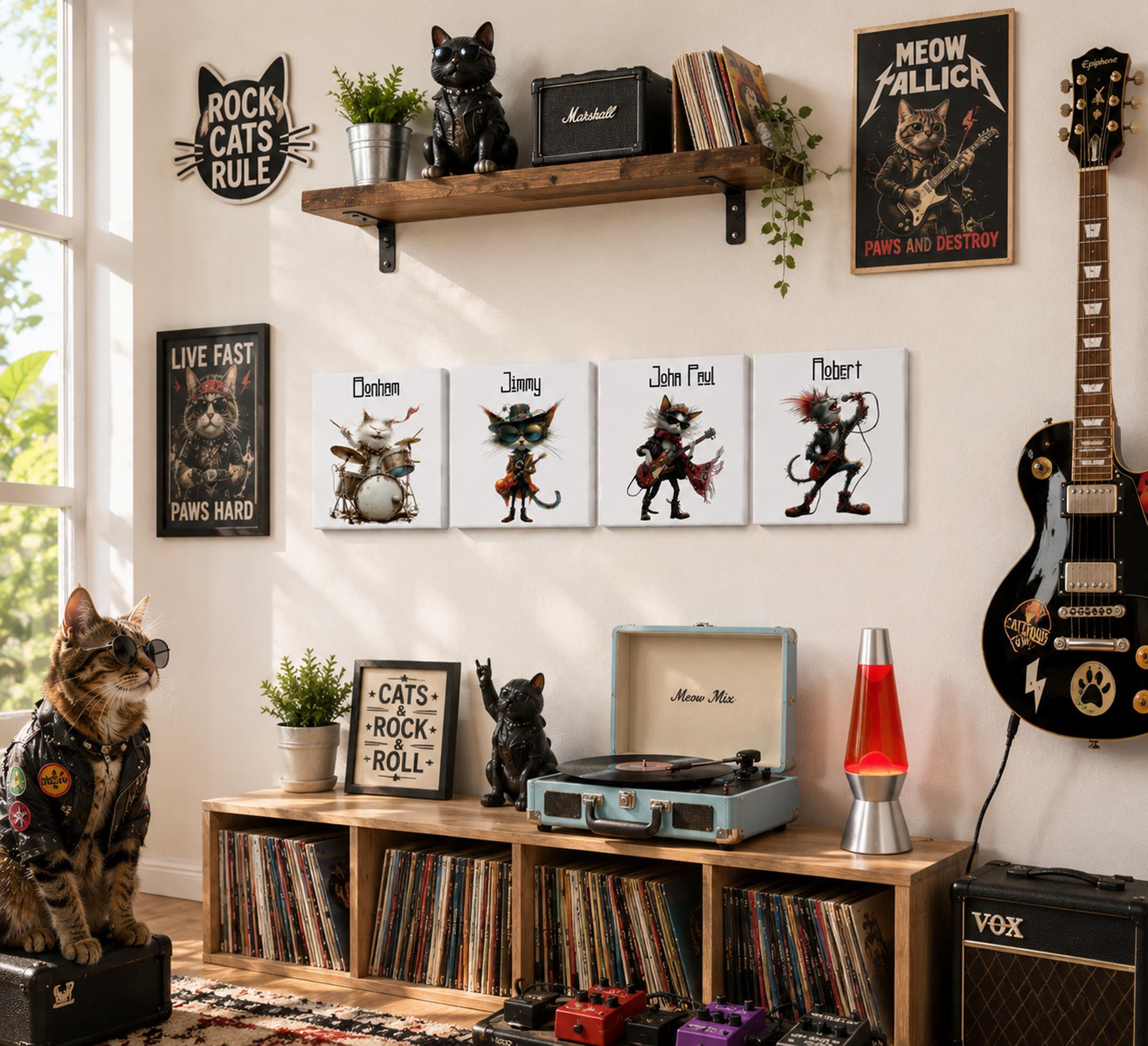 Cat Zeppelin Rock Band Ceramic Tile Set, Music Room Wall Art (6x6 Inch)