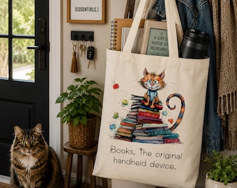 Cat Lover Tote, Whimsical Reading Canvas Bag, Bookworm Library Tote