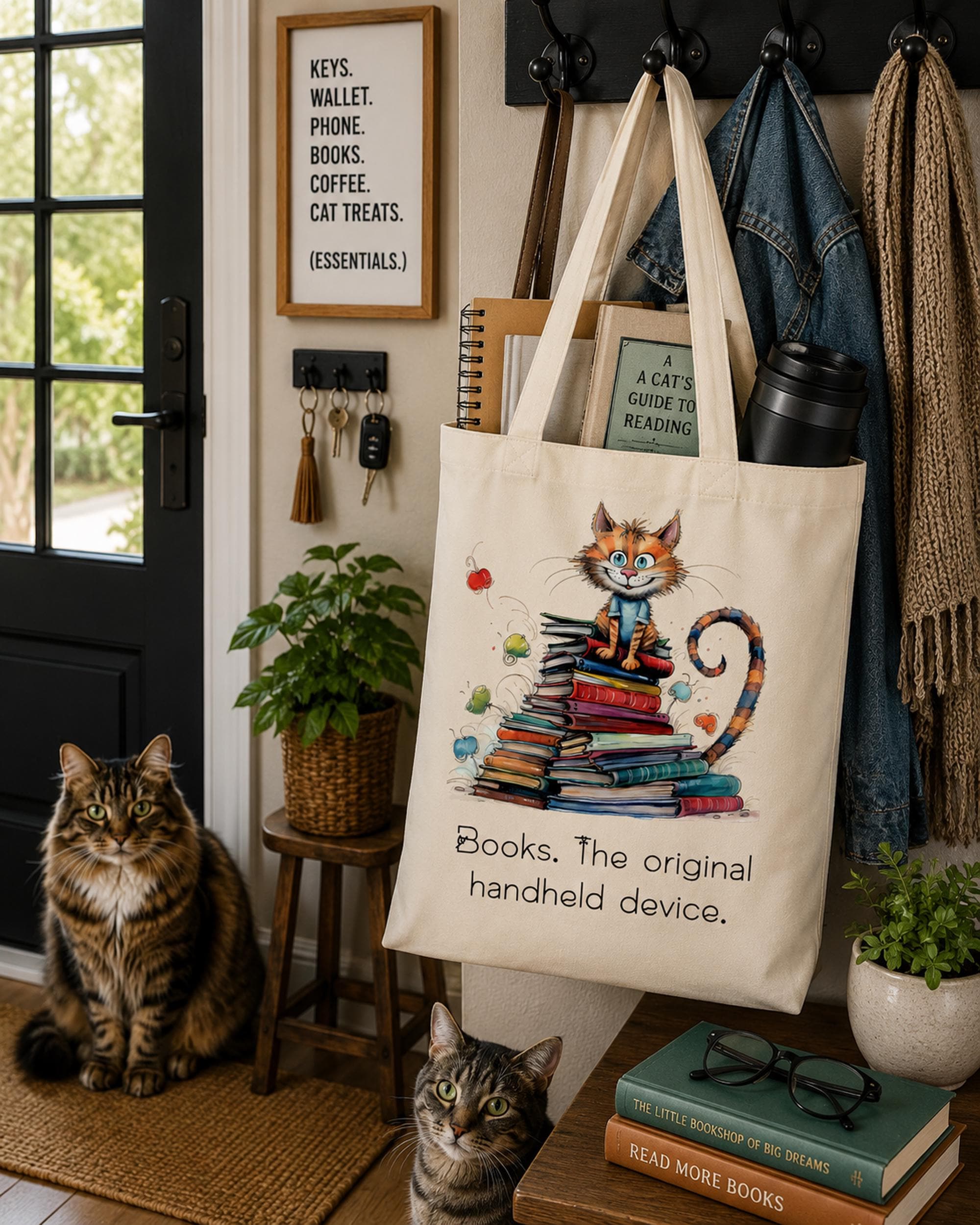 Cat Lover Tote, Whimsical Reading Canvas Bag, Bookworm Library Tote