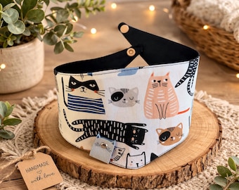 Handmade Cat Bandana Collar, Snap-On Pet Accessory, Limited Edition, Black and Blue Cats