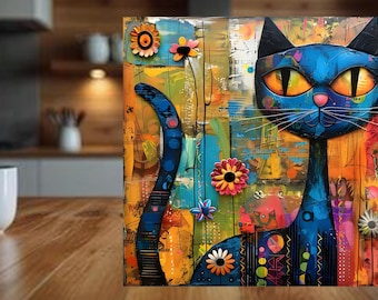 Mosaic Kitty Ceramic Tile, 6 x 6, Whimsical Cat Decor, Cat Lover Gift