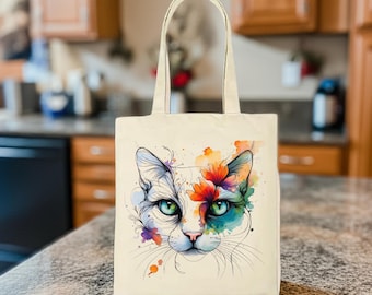 Abstract Cat Tote: Colorful Polyester Canvas, Gift For Cat Lovers