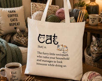 Funny Cat Definition Tote, "Furry Little Sociopath" Canvas Accessory, Knitting Crochet Project Tote